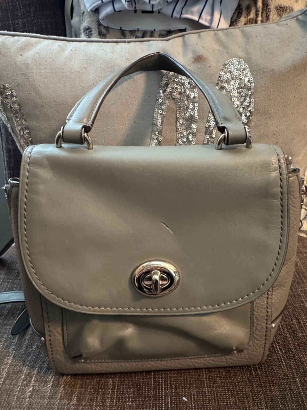 Coach Gray Leather Top-Handle Satchel with Silver Turn-Lock